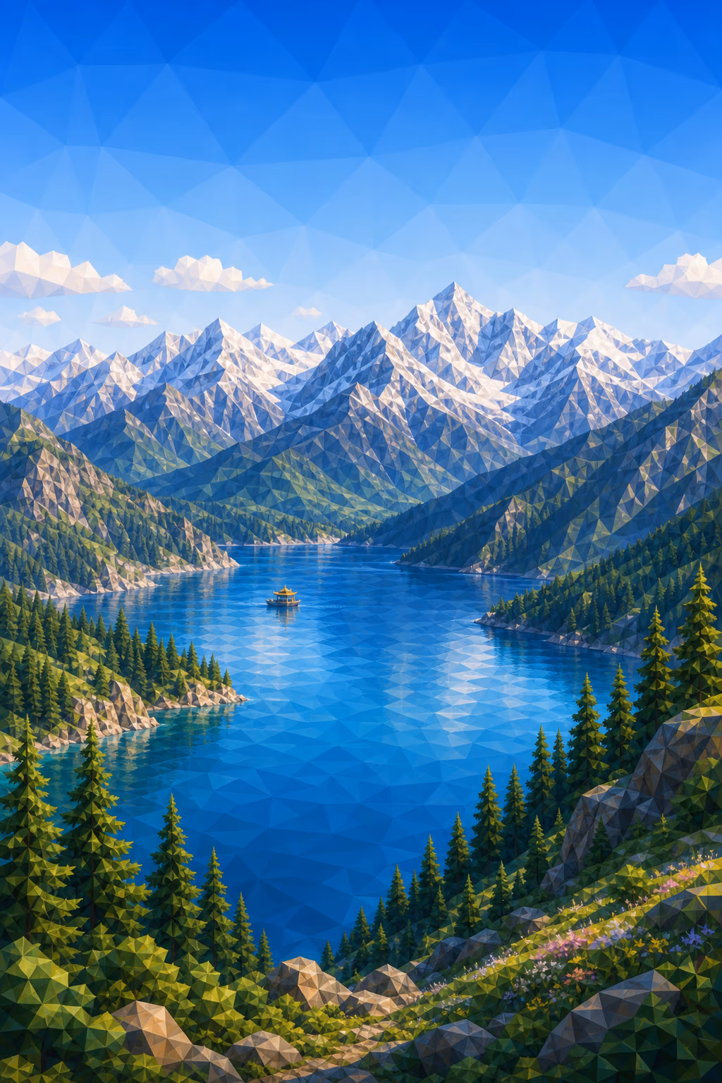 雪山与清澈湖泊构成的心途风景插画